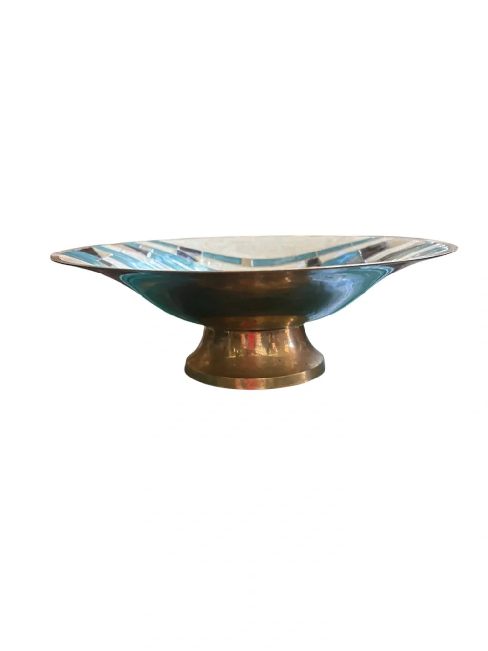 Vintage Brass Enamel  Turquoise Ivory Pedestal Bowl 9
